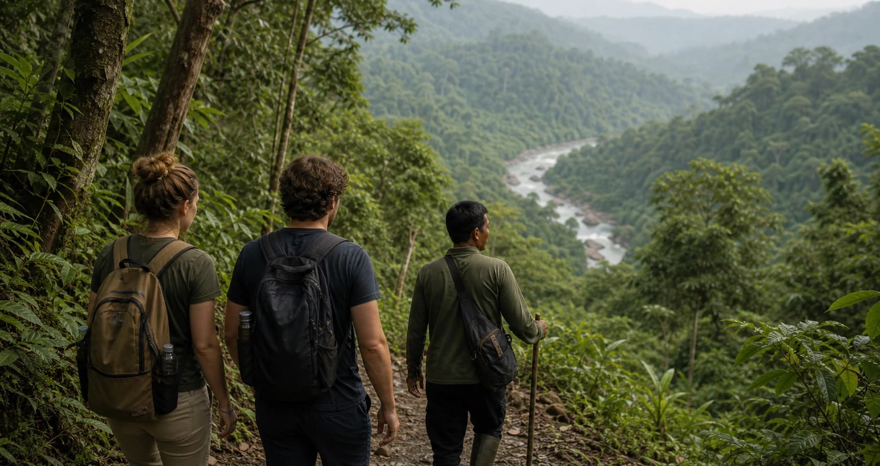 Small trekking group hiking a Bukit Lawang rainforest trail overlooking the valley